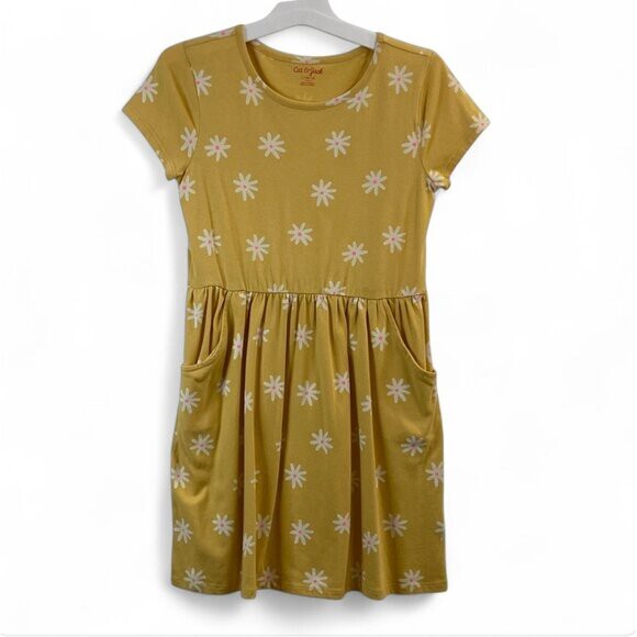 None Other - Cat & Jack Girls Yellow Floral Print Dress Size L 10/12 Cotton/Poly Blend